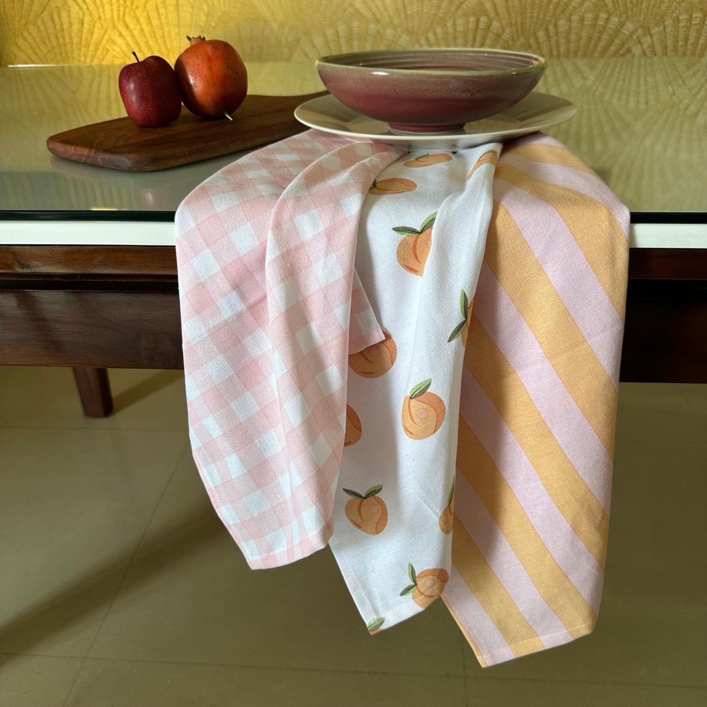 Oak & Lily Kitchen Towels – Peach, Pink Checks & Stripe Print | Set of 3 | 100% Cotton | Super Absorbent | Premium Quality
