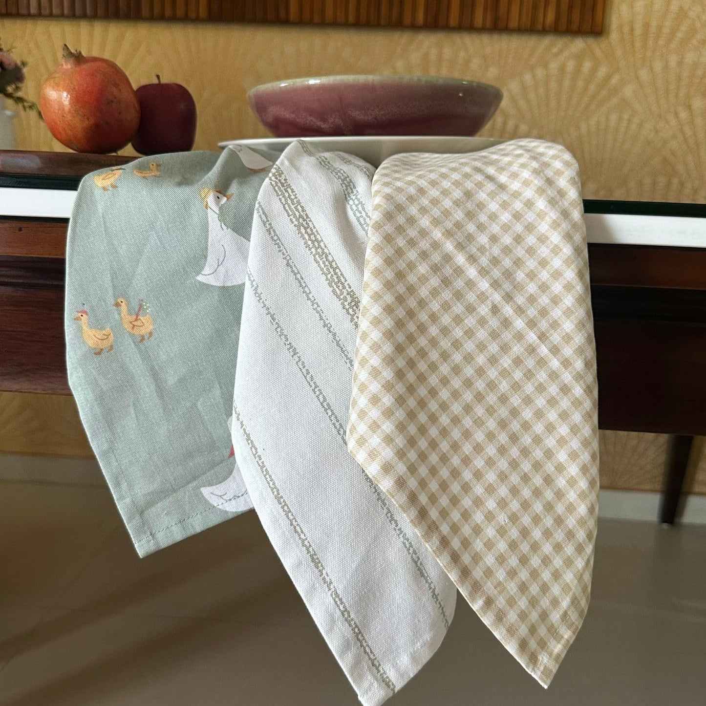 Oak & Lily Kitchen Towels – Green Duck, Stripes & Check Prints | Set of 3 | 100% Cotton | Super Absorbent | Premium Quality