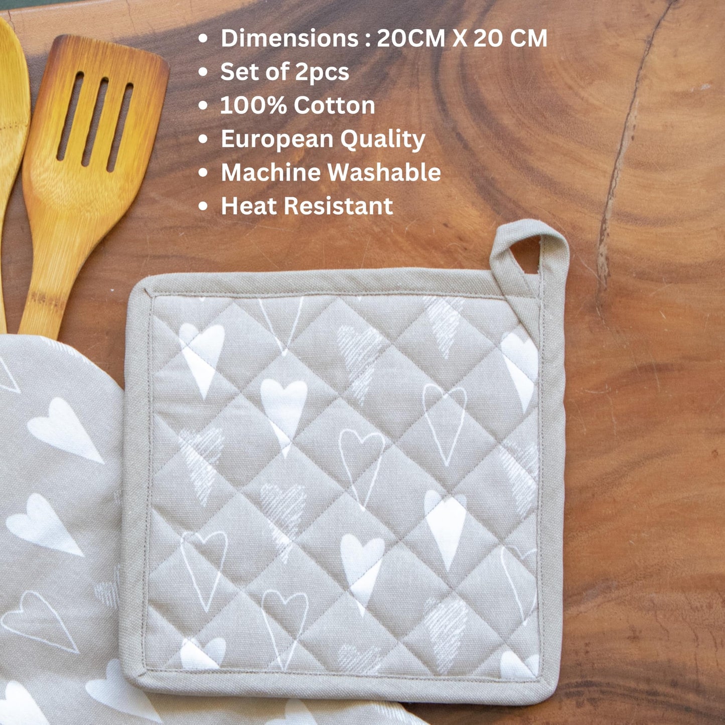 Oak & Lily Combo Set – Beige & Ivory Heart Print Apron, Oven Mittens & Pot Holders | 100% Cotton | Heat Resistant | European Quality