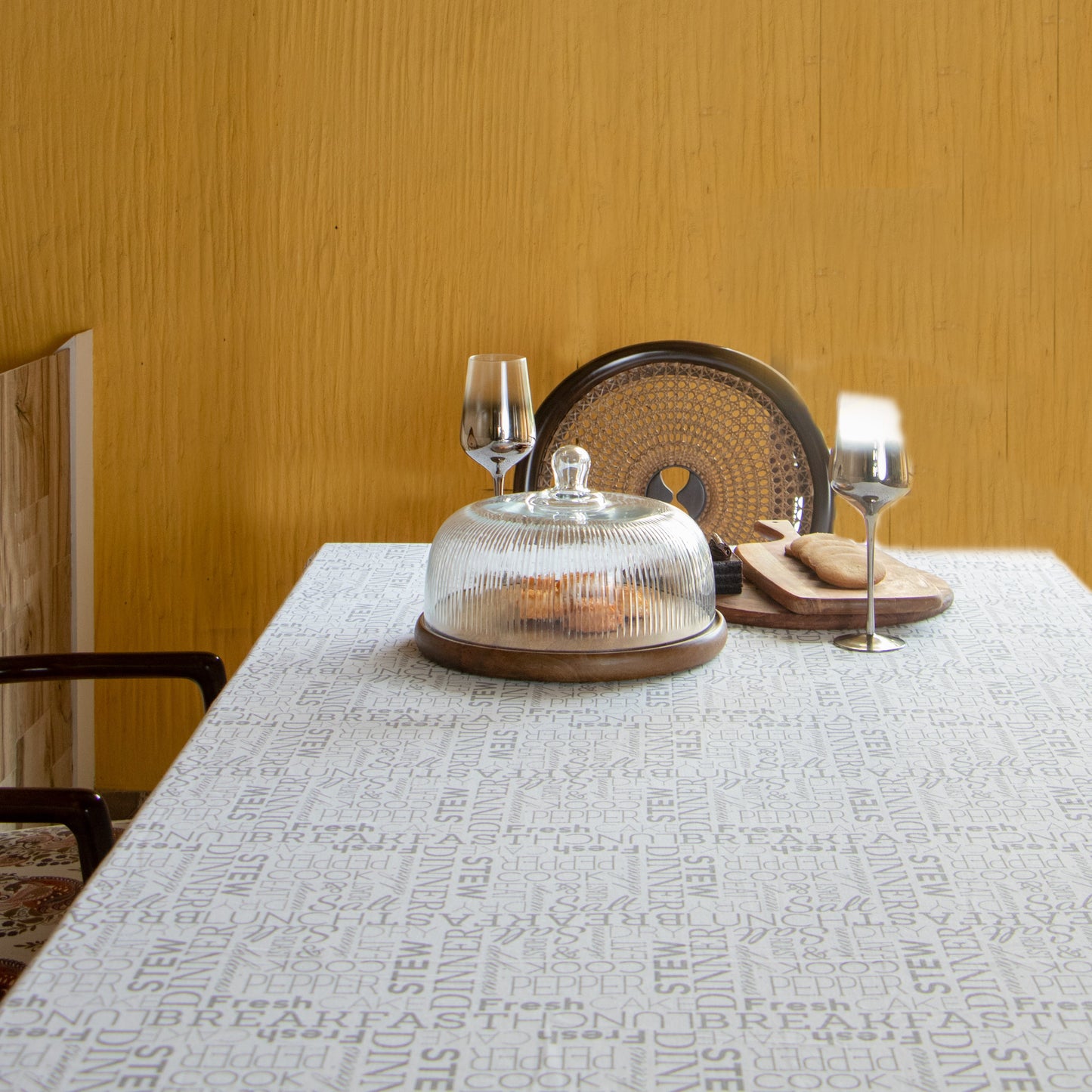 Oak & Lily Table Cloth – White & Grey Letter Print | 100% Cotton | Anti-Slip | Premium European Quality | 4-Seater Dining Table Cover