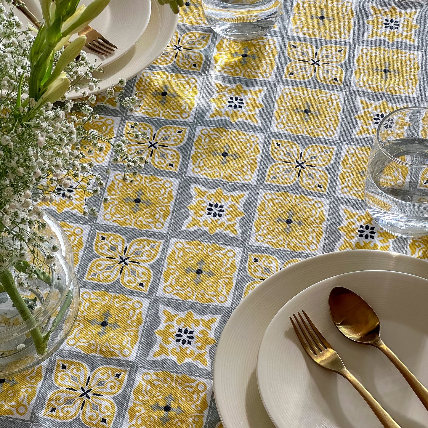 Oak & Lily Table Cloth – Yellow & Grey Ethnic Print | 100% Cotton | Anti-Slip | Premium European Quality | Dining Table Cover
