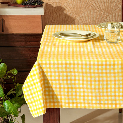 Oak & Lily Table Cloth – Yellow & White Check Print | 100% Cotton | Anti-Slip | Premium European Quality