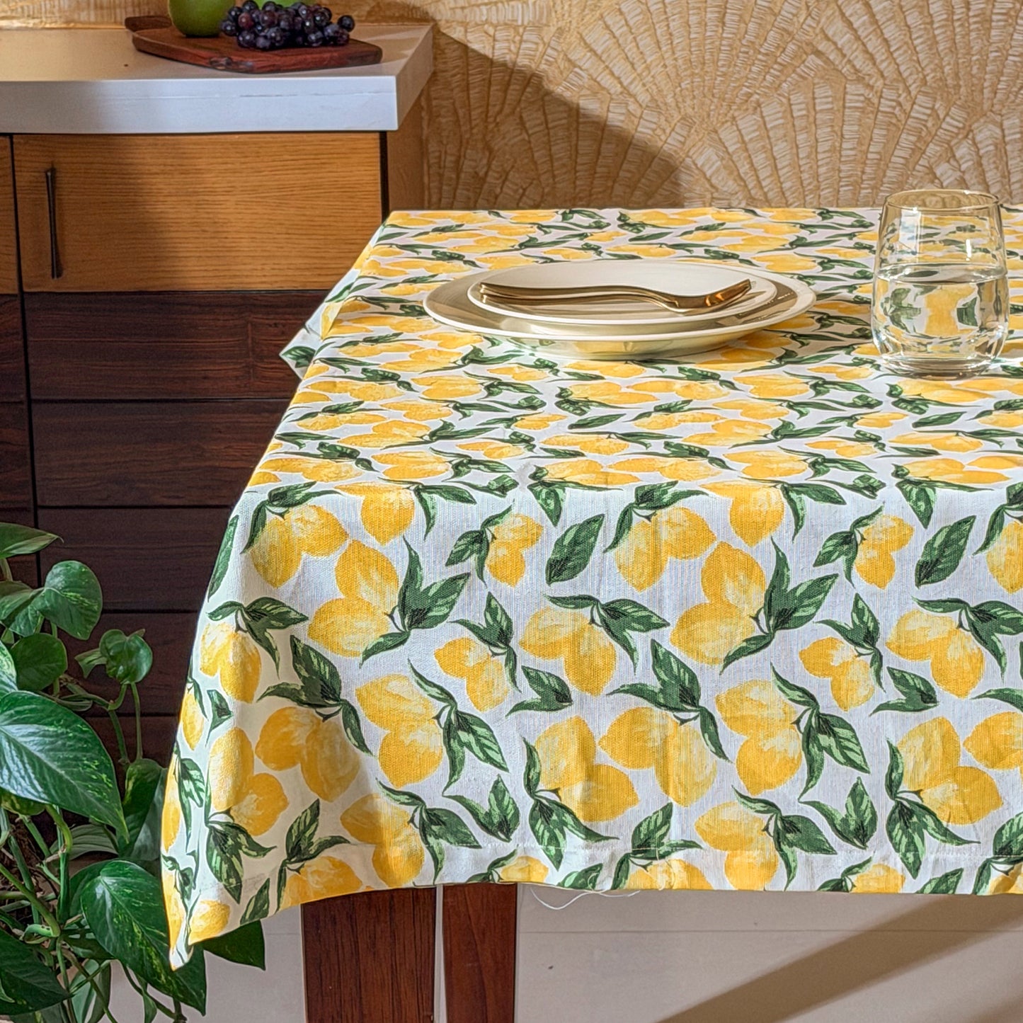 Oak & Lily Table Cloth – Zesty Yellow Lemon Print | 100% Cotton | Anti-Slip | Premium European Quality