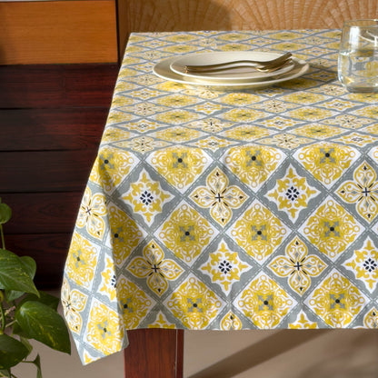 Oak & Lily Table Cloth – Yellow & Grey Ethnic Print | 100% Cotton | Anti-Slip | Premium European Quality | Dining Table Cover