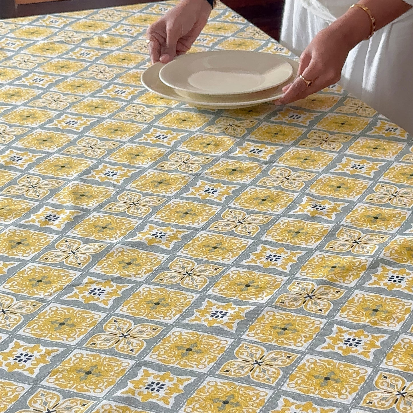 Oak & Lily Table Cloth – Yellow & Grey Ethnic Print | 100% Cotton | Anti-Slip | Premium European Quality | Dining Table Cover