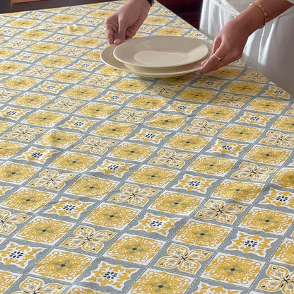 Oak & Lily Table Cloth – Yellow & Grey Ethnic Print | 100% Cotton | Anti-Slip | Premium European Quality | Dining Table Cover