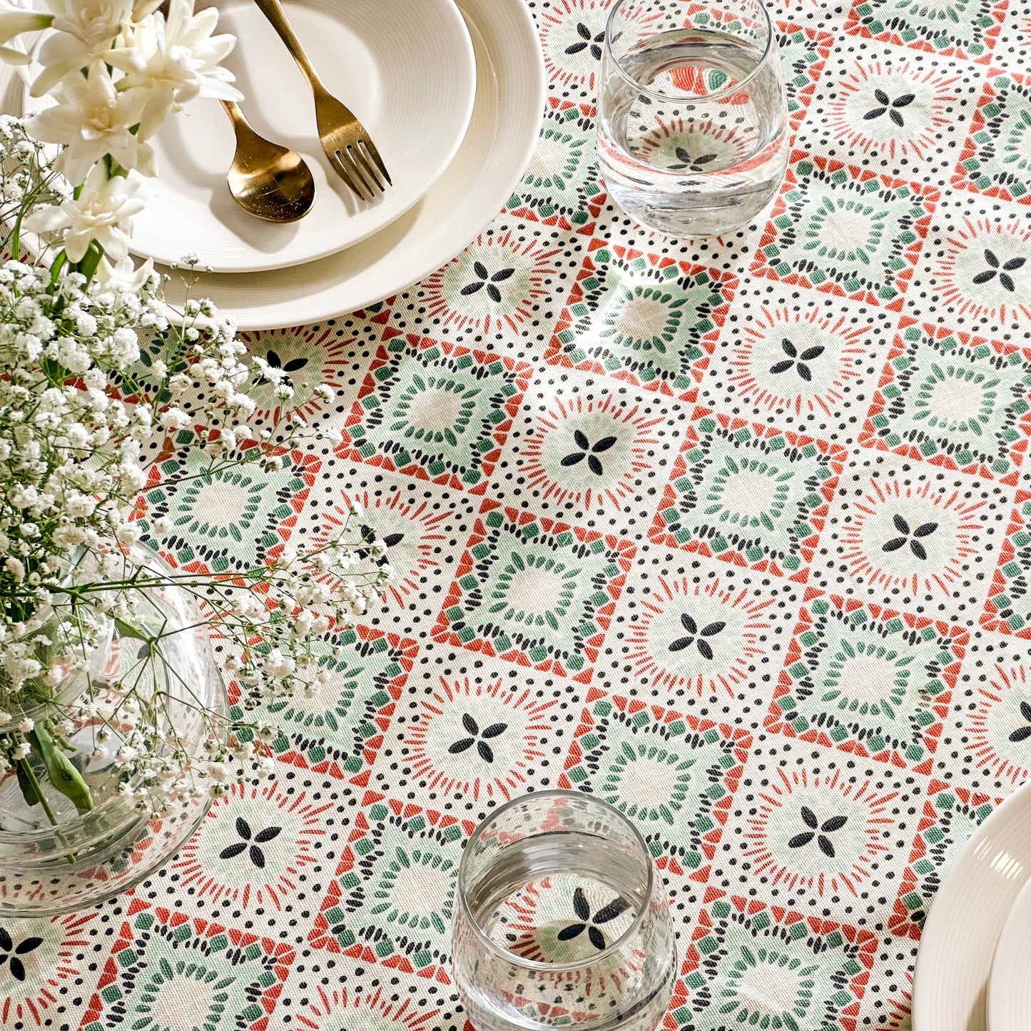 Oak & Lily Table Cloth – Multicolour Ethnic Print | 100% Cotton | Anti-Slip | Premium European Quality
