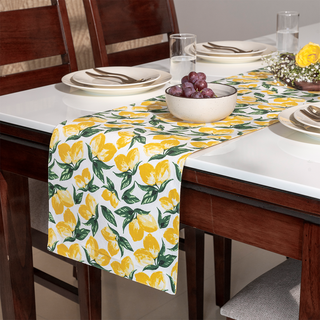 Oak & Lily Table Runner – Yellow & Green Lemon Print | 100% Cotton | Premium European Quality