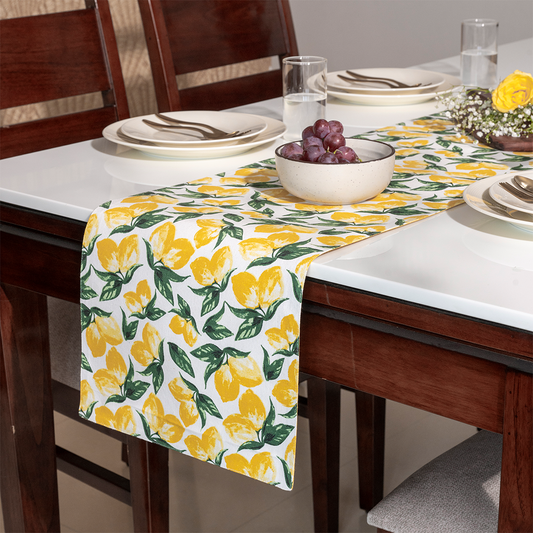 Oak & Lily Table Runner – Yellow & Green Lemon Print | 100% Cotton | Premium European Quality