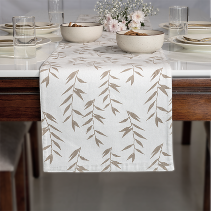 Oak & Lily Table Runner – Ivory & Beige Leaf Print | 100% Cotton | Premium European Quality