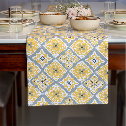 Oak & Lily Table Runner – Yellow & Grey Ethnic Print | 100% Cotton | Heat Resistant | Premium European Quality