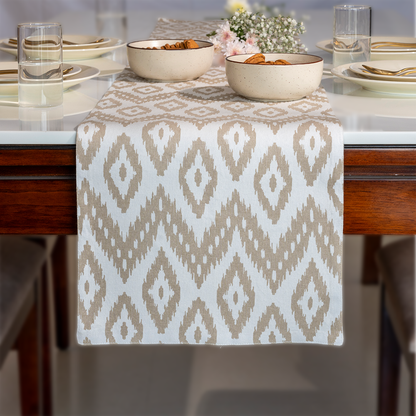 Oak & Lily Table Runner – Ivory & Beige Ikat Print | 100% Cotton | Premium European Quality