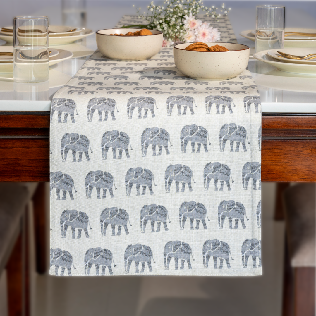 Oak & Lily Table Runner – Grey & Ivory Elephant Print | 100% Cotton | Premium European Quality