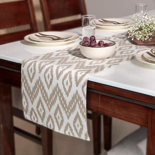 Oak & Lily Table Runner – Ivory & Beige Ikat Print | 100% Cotton | Premium European Quality