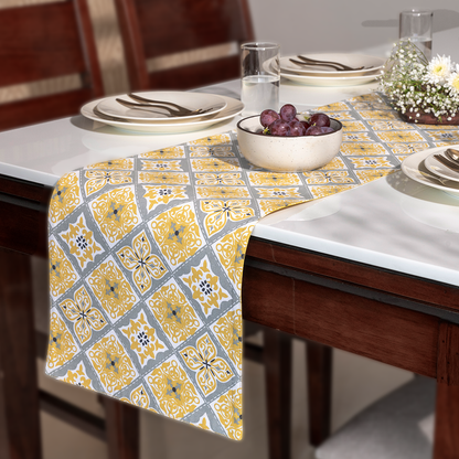 Oak & Lily Table Runner – Yellow & Grey Ethnic Print | 100% Cotton | Heat Resistant | Premium European Quality