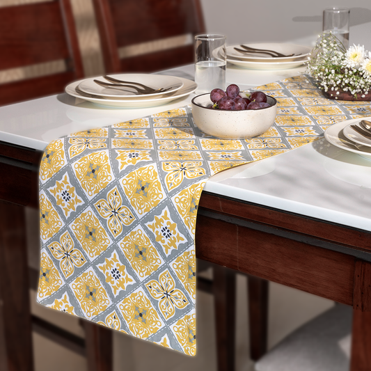 Oak & Lily Table Runner – Yellow & Grey Ethnic Print | 100% Cotton | Heat Resistant | Premium European Quality