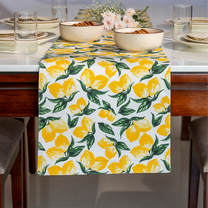 Oak & Lily Table Runner – Yellow & Green Lemon Print | 100% Cotton | Premium European Quality
