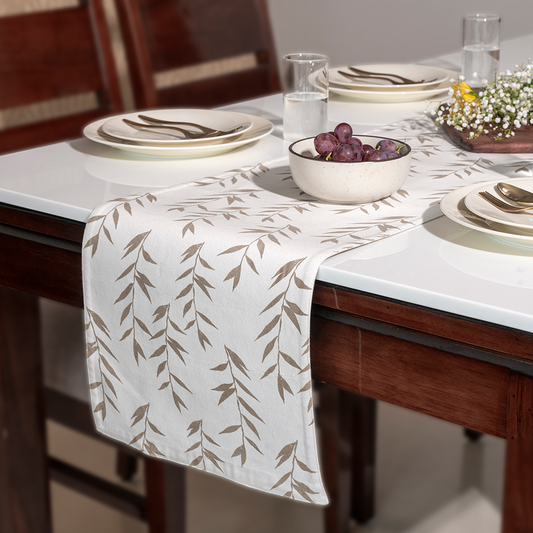 Oak & Lily Table Runner – Ivory & Beige Leaf Print | 100% Cotton | Premium European Quality