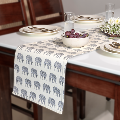 Oak & Lily Table Runner – Grey & Ivory Elephant Print | 100% Cotton | Premium European Quality