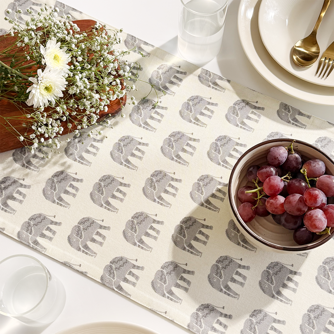 Oak & Lily Table Runner – Grey & Ivory Elephant Print | 100% Cotton | Premium European Quality
