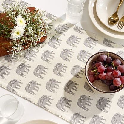 Oak & Lily Table Runner – Grey & Ivory Elephant Print | 100% Cotton | Premium European Quality