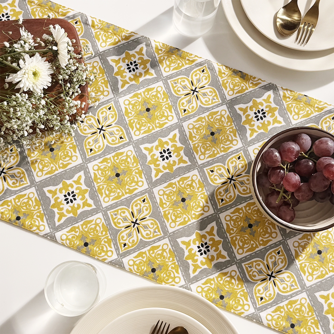 Oak & Lily Table Runner – Yellow & Grey Ethnic Print | 100% Cotton | Heat Resistant | Premium European Quality