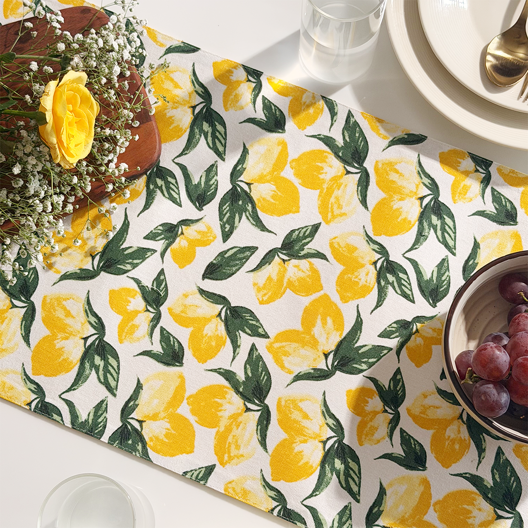 Oak & Lily Table Runner – Yellow & Green Lemon Print | 100% Cotton | Premium European Quality