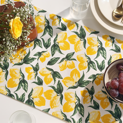 Oak & Lily Table Runner – Yellow & Green Lemon Print | 100% Cotton | Premium European Quality