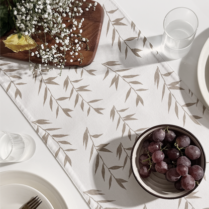 Oak & Lily Table Runner – Ivory & Beige Leaf Print | 100% Cotton | Premium European Quality