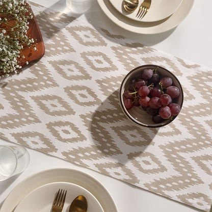 Oak & Lily Table Runner – Ivory & Beige Ikat Print | 100% Cotton | Premium European Quality