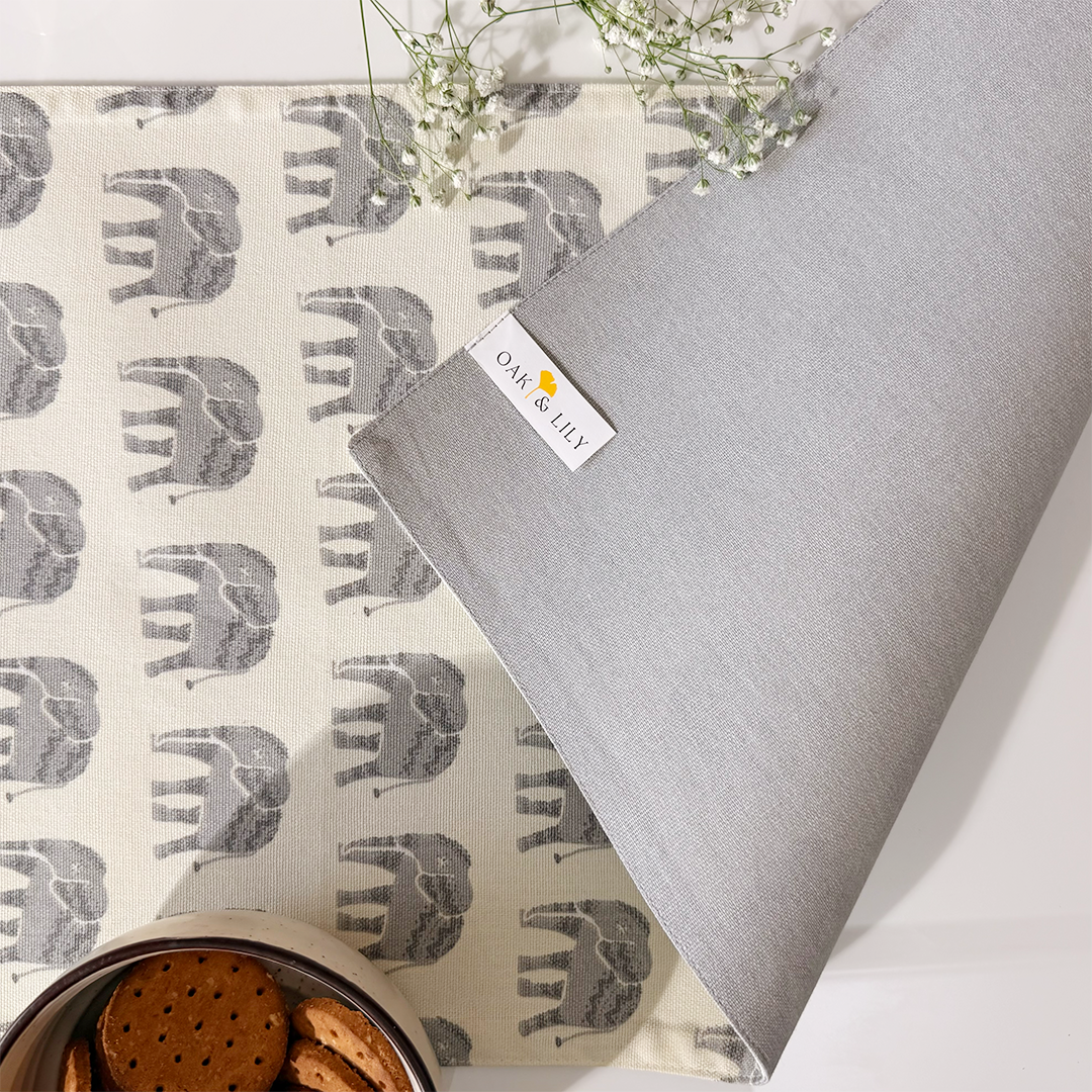 Oak & Lily Table Runner – Grey & Ivory Elephant Print | 100% Cotton | Premium European Quality
