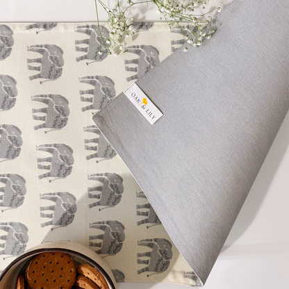 Oak & Lily Table Runner – Grey & Ivory Elephant Print | 100% Cotton | Premium European Quality