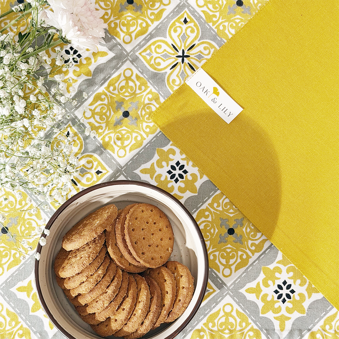 Oak & Lily Table Runner – Yellow & Grey Ethnic Print | 100% Cotton | Heat Resistant | Premium European Quality