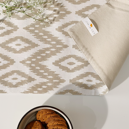 Oak & Lily Table Runner – Ivory & Beige Ikat Print | 100% Cotton | Premium European Quality