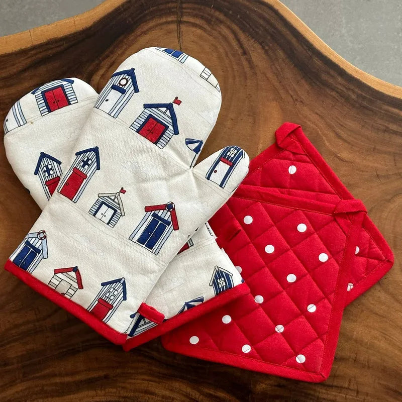 Beach House Print Kitchen Combo Set | Oven Mittens & Pot Holder