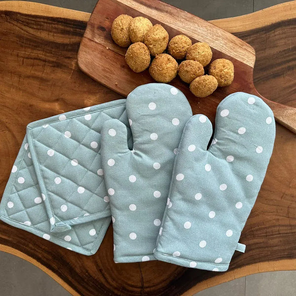 Blue & White Polka Dot Print Kitchen Combo Set | Oven Mittens & Pot Holder
