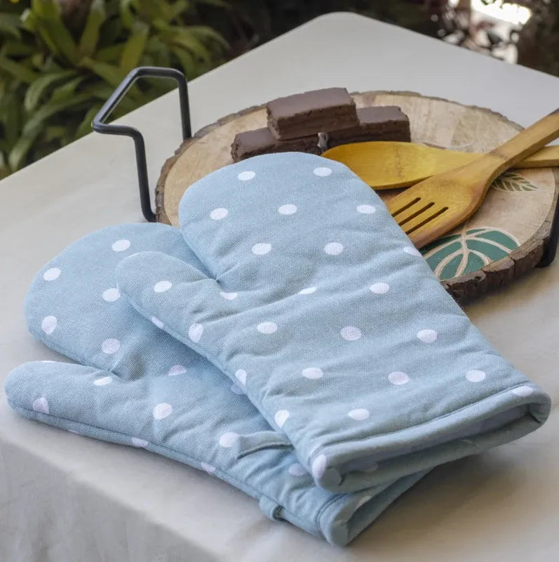 Blue & White Polka Dot Print Oven Mittens | Set of 2