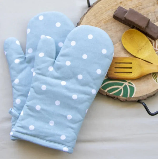 Blue & White Polka Dot Print Oven Mittens | Set of 2