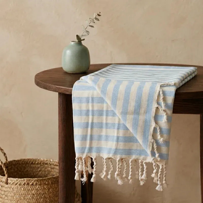 Oak & Lily 100% Cotton Sofa Throw Blanket (50x60 Inches) – Soft & Breathable Decorative Throw | Lightweight for Sofa, Bed & Travel | Blue Stripe