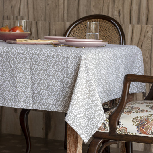 Oak & Lily Table Cloth – White & Grey Floral Geometric Print | 100% Cotton | Anti-Slip | Premium European Quality | 4-Seater Dining Table Cover