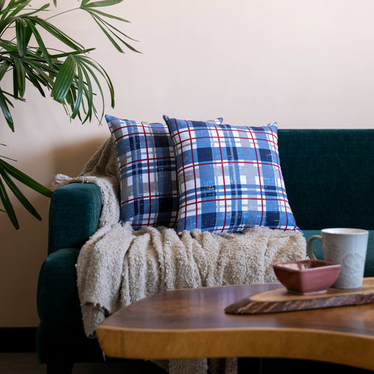 Oak & Lily Blue Check Cotton Cushion Cover | 100% Pure Cotton | Soft, Durable & Washable | European Quality