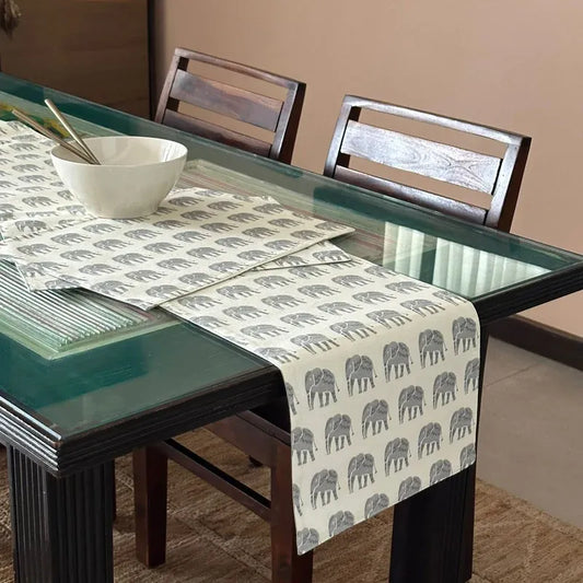 Ivory & Grey Elephant Print Table Runner & Placemats Set