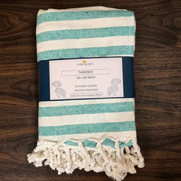Oak & Lily 100% Cotton Sofa Throw Blanket (50x60 Inches) – Soft & Breathable Decorative Throw | Lightweight for Sofa, Bed & Travel | Green Stripe