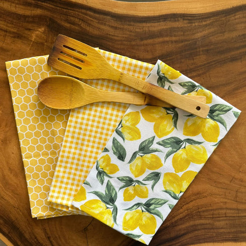 Oak & Lily Kitchen Towels – Honeycomb, Lemon & Yellow Checks | Set of 3 | 100% Cotton | European Quality | Super Absorbent & Anti-Bacterial