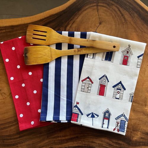 Oak & Lily Kitchen Towels – Beach House, Navy & White Stripe, Red Polka Dot| Set of 3 | 100% Cotton | European Quality | Super Absorbent & Anti-Bacterial