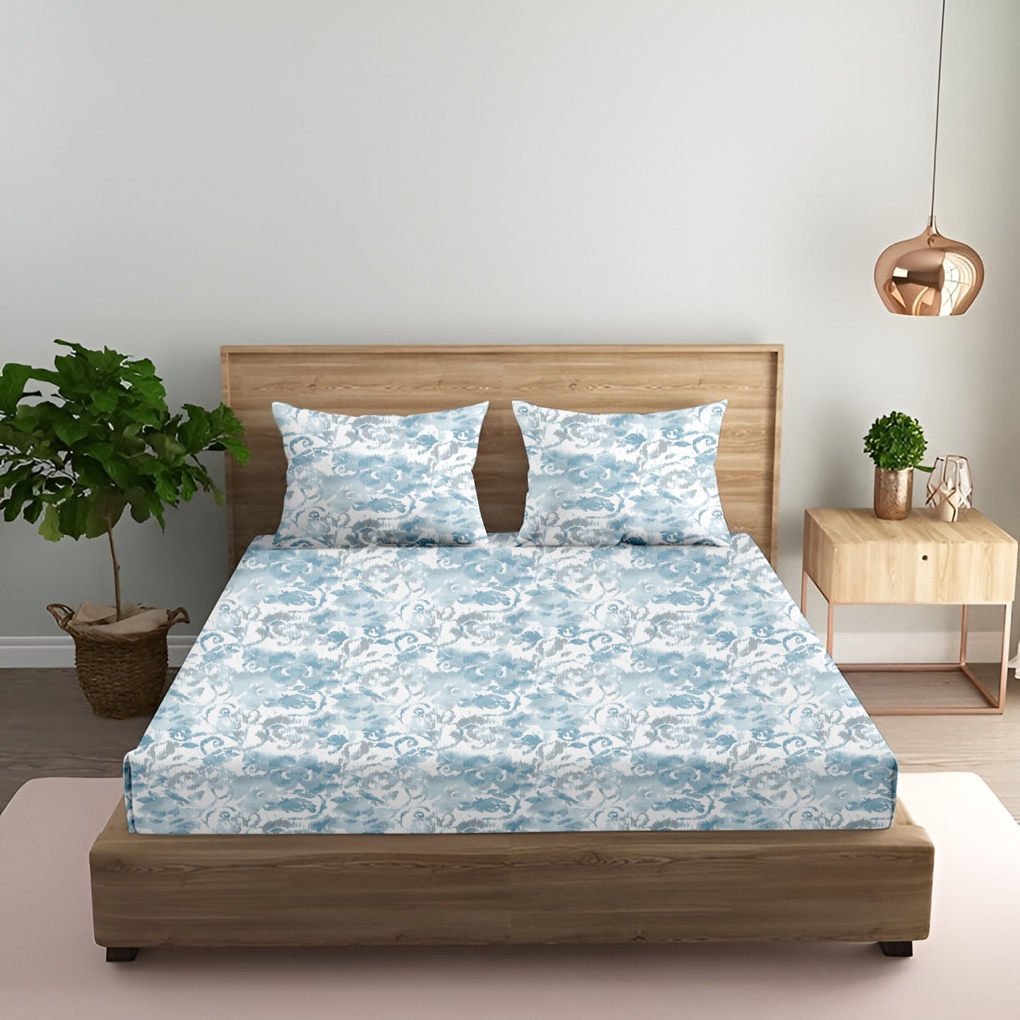 Oak & Lily King Size Bedsheet – Pastel Flora Sea Green, Purple & Pink | 210 TC | 100% Cotton | 2 Pillow Covers | European Quality