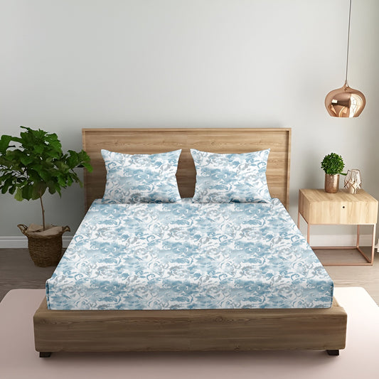 Oak & Lily King Size Bedsheet – Pastel Flora Sea Green, Purple & Pink | 210 TC | 100% Cotton | 2 Pillow Covers | European Quality