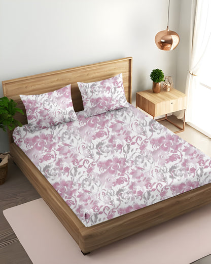 Oak & Lily King Size Bedsheet – Pastel Flora Sea Green, Purple & Pink | 210 TC | 100% Cotton | 2 Pillow Covers | European Quality