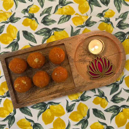 Oak & Lily Diwali Large Gift Hamper | Rectangular Mango Wood Tray + Pure Cotton Runner