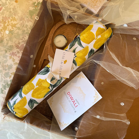 Oak & Lily Diwali Large Gift Hamper | Rectangular Mango Wood Tray + Pure Cotton Runner